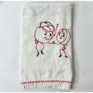 1950’s tea towl embroidered w/tea kettle and tea cup dancing‎ Kitchen Towel
